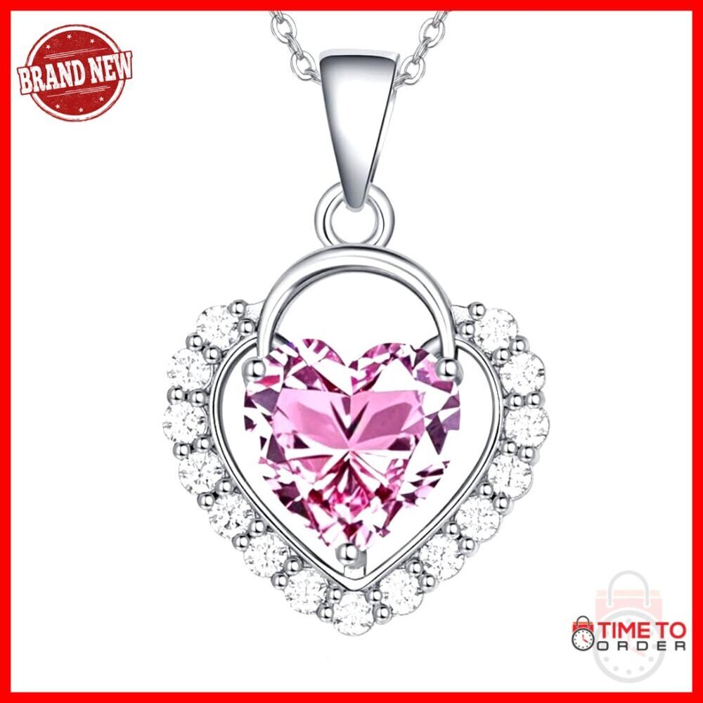 18K White Gold Plated Heart Pendant Necklace with Birthstone CZ